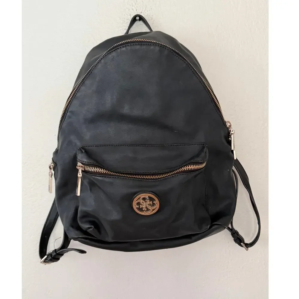 Guess Leather Black Backpack Gold Zipper Details